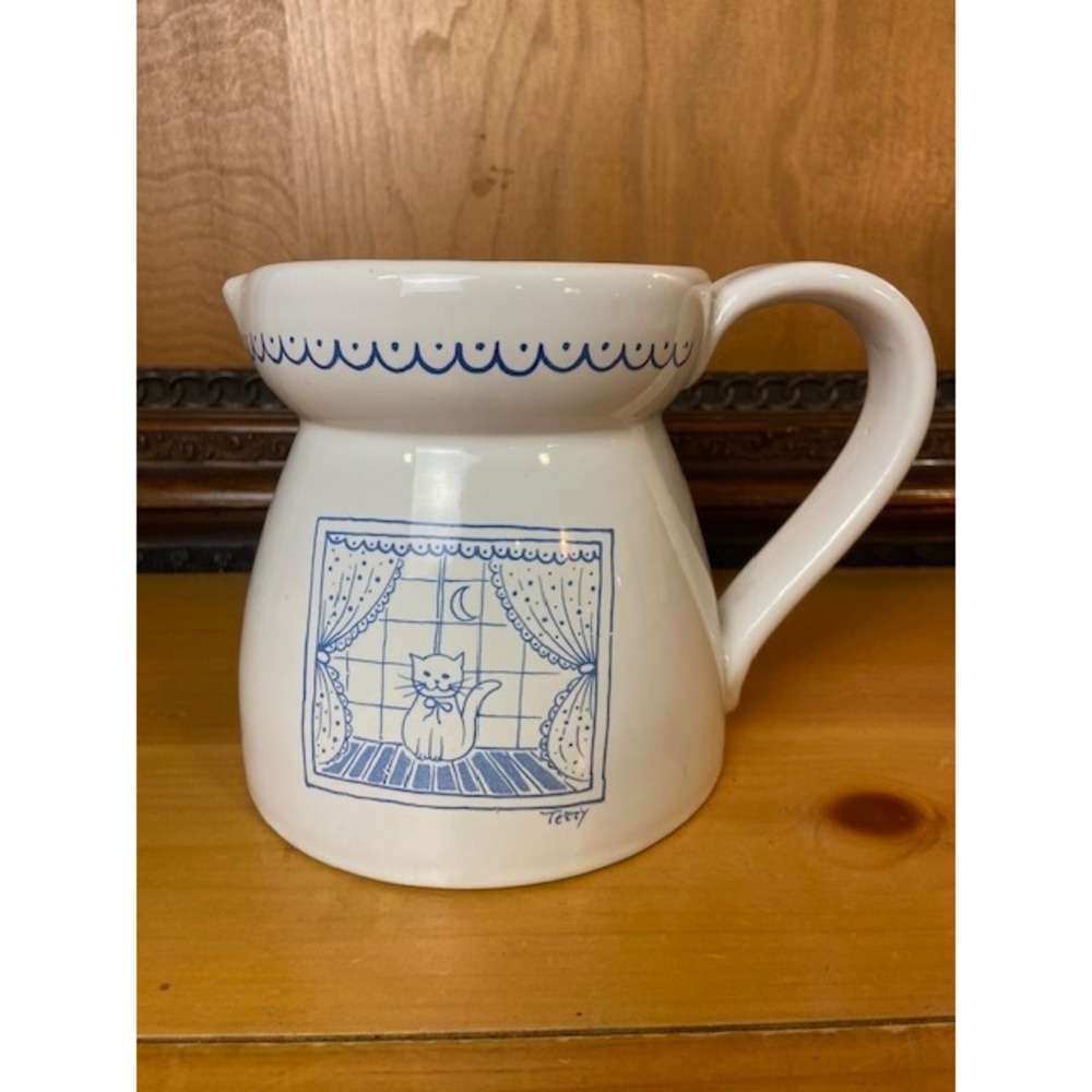 Vintage Lillian Vernon Cat in Window Ceramic Pitcher Made in Italy Blue White